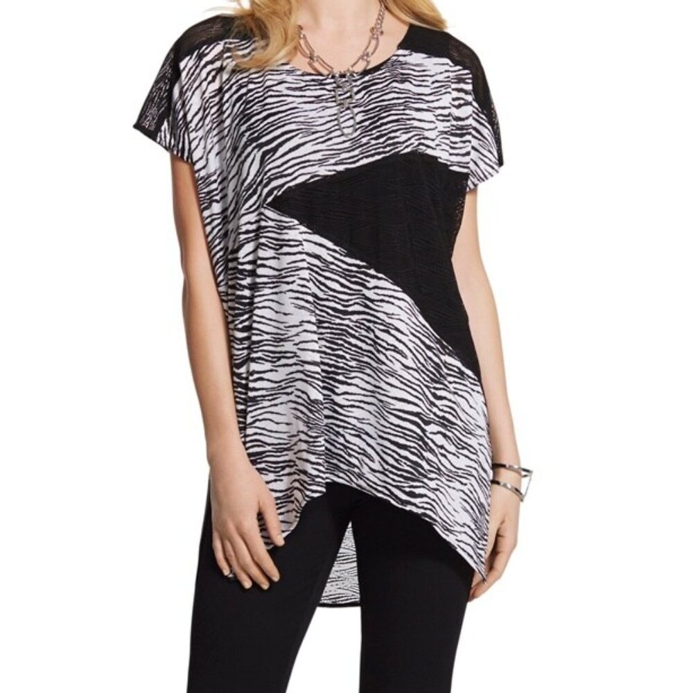 Chico's Animal Print Asymmetrical Tunic Sheer Top Zebra Pool Cover Up Classic 12